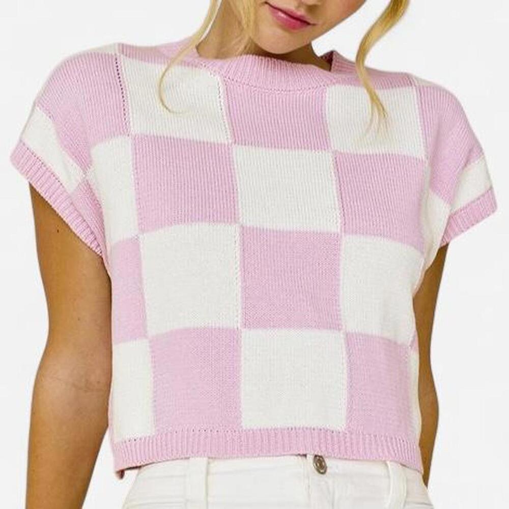 Papermoon Checker Knit Sweater Vest Women S Pink White 100% Cotton NWT Preppy